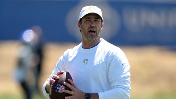 Los Angeles Rams quarterbacks coach Zac Robinson during organized team activities